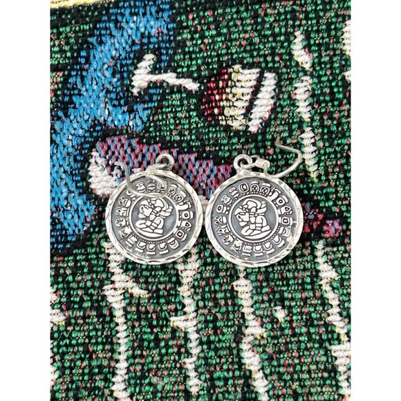 Sterling 925 Mex Round Discs Dangle Earrings - Picture 3 of 6